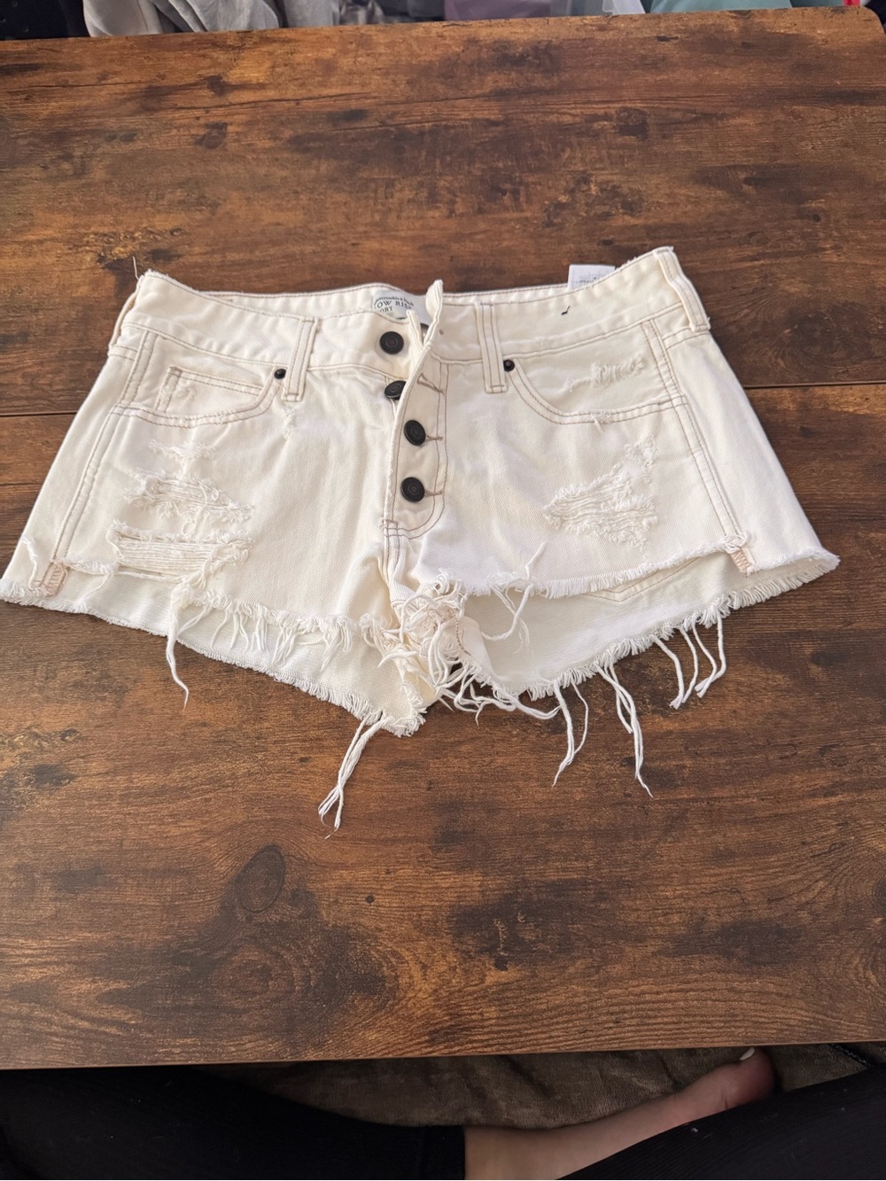 Abercrombie & Fitch White Distressed Button-Fly Denim Shorts